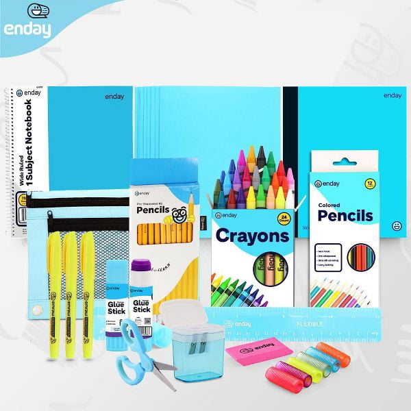School Supplies Kit for Grades K–5 – 71 Items: Composition Notebook Subject Notebook, Pencils, Folders Colored Pencils, Crayons, Scissors, Glue & More