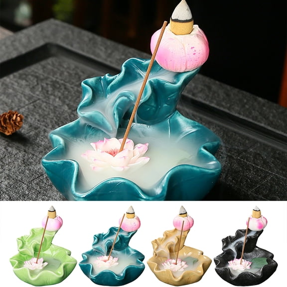 Happy Date Backflow Incense Burner Incense Holder Waterfall Handmade Ceramic Waterfall Incense Burner for Home Office Yoga Aromatherapy Relaxation Gifts Lotus Pond