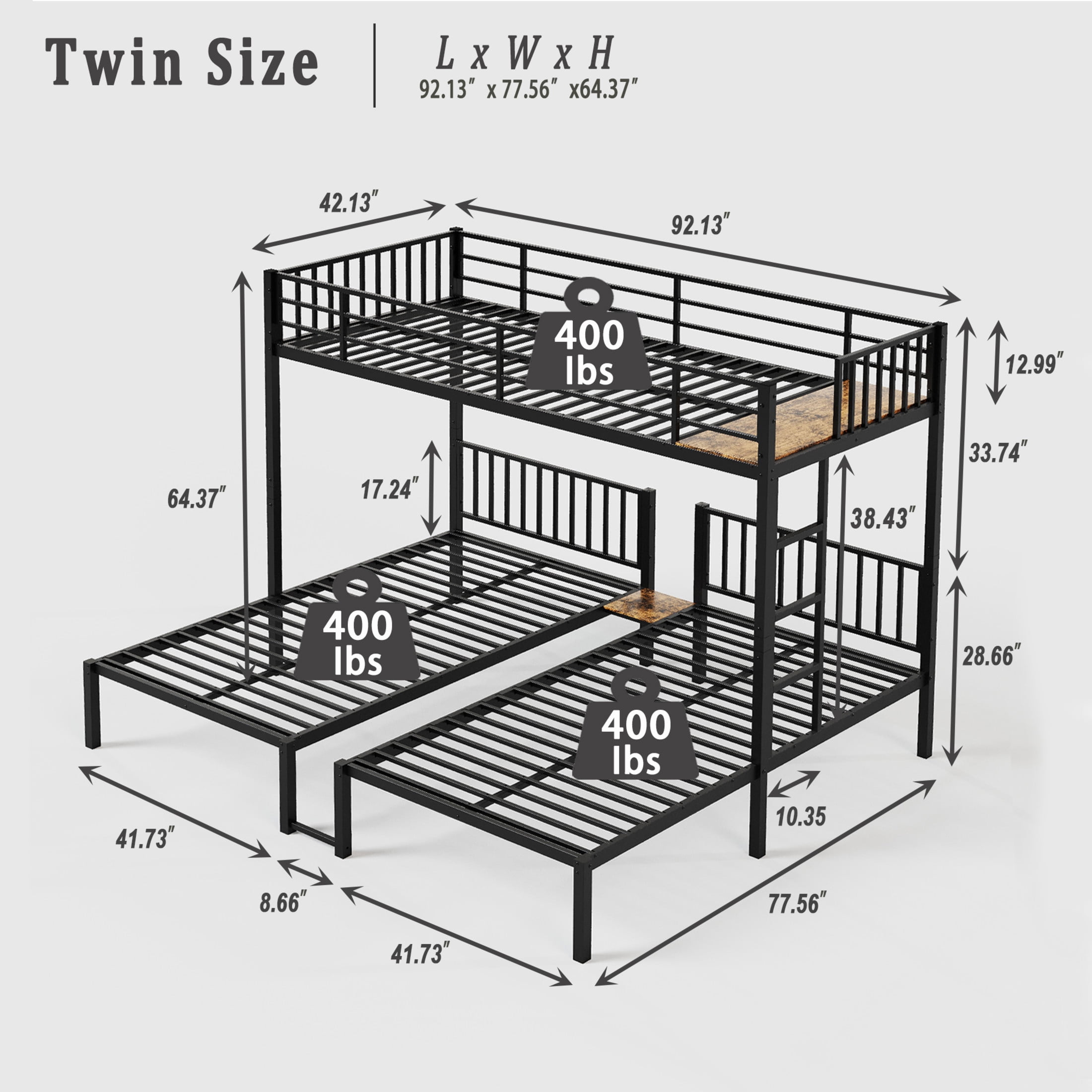 Noble House Triple Bunk Bed for Kids, Metal Twin over Twin over Twin, Convertible Twin Beds, Noise-Reduced, Black