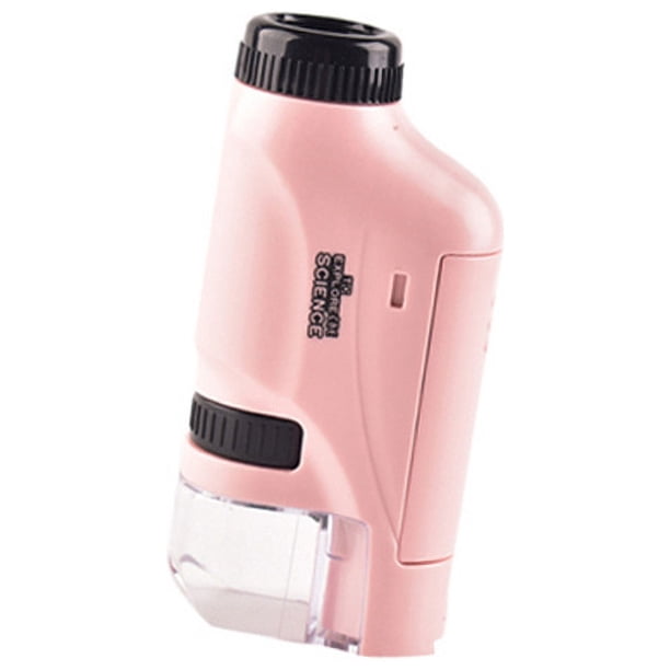 Microscopio de bolsillo rosa, mini microscopio de mano con luz LED, alta definición portátil