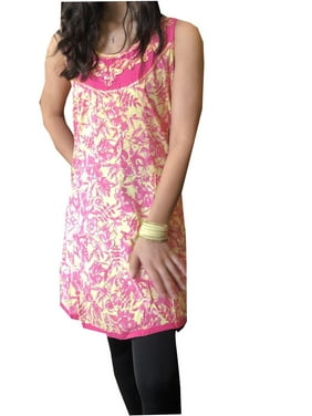 Mogul Women Tunic Dress Pink Floral Printed Summer Handmade Boho Kurti S