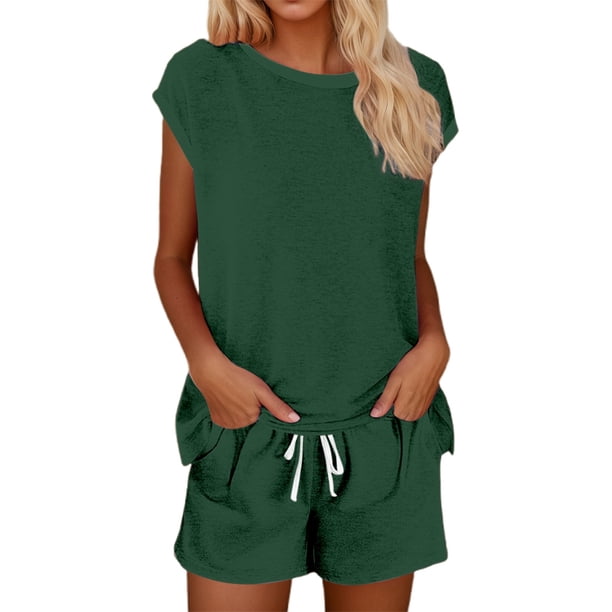 Conjunto informal de pantalones cortos para mujer - Cordón/cuello redondo - Conjunto cómodo para primavera/verano