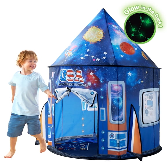 Joyfy Space Night Sky Play Tent Pop up Play Tent Kids Indoor Outdoor Spaceship Playhouse Tent Set(Blue)