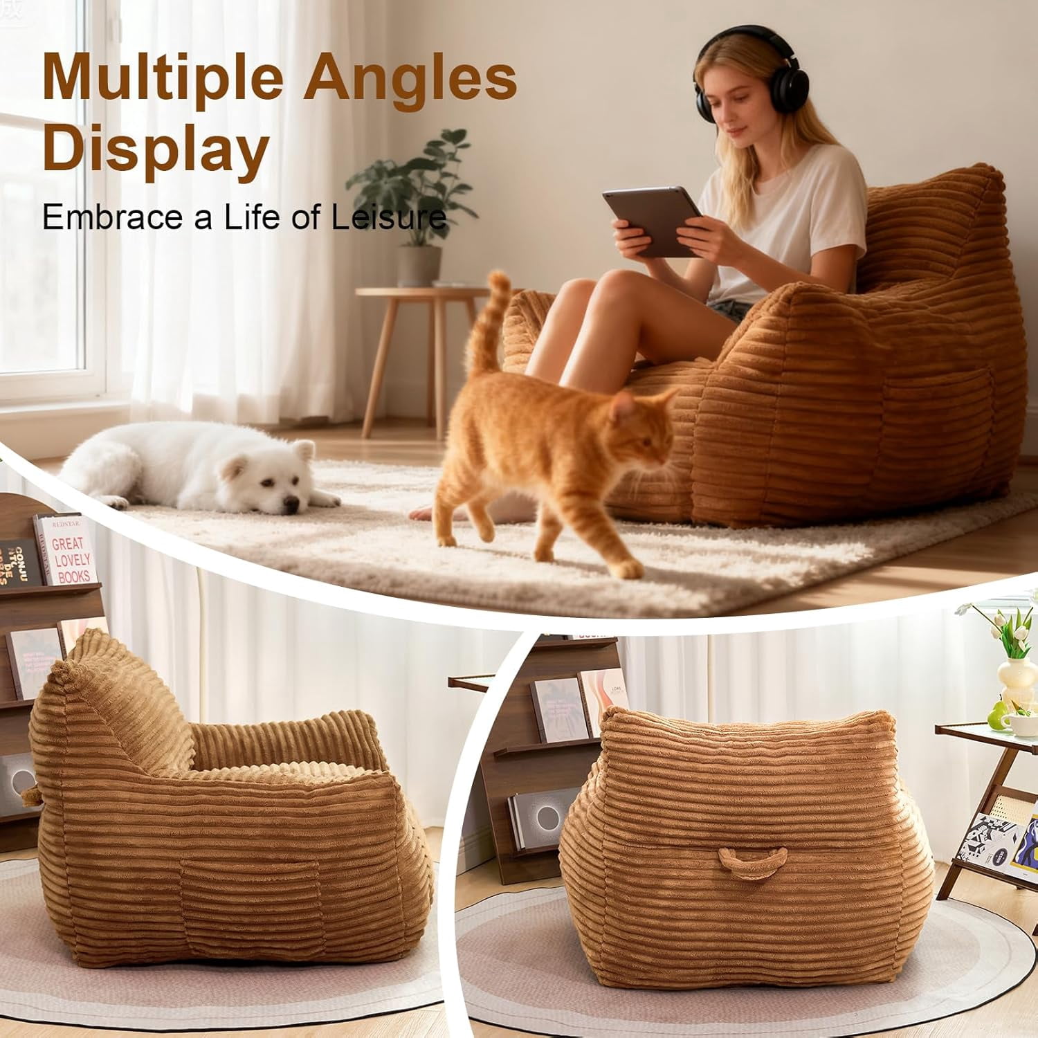 Ywen Bean Bag Chair for Adults & Kids, Giant Bean Bag Sofa with Side Pocket, Corduroy Beanbag Chair with Armrests, Comfy Stuffed Floor Sofa for Living Room Bedroom Dorm, Brown
