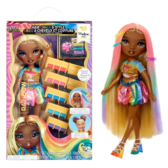 Rainbow High Hair Chalk & Style Meline – Rainbow & Gold 11” Doll, Washable Rainbow Hair Chalk