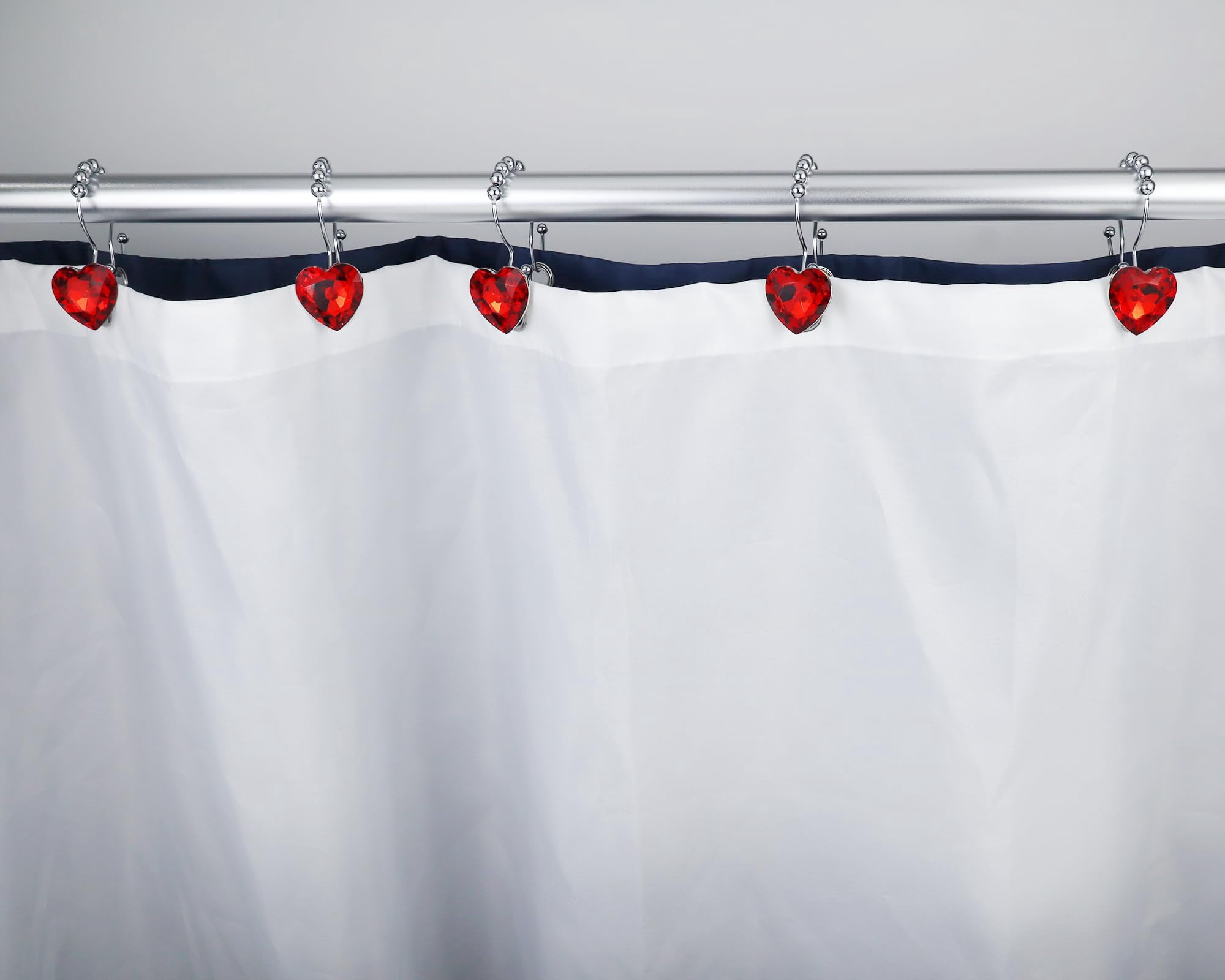 Bathroom curtain hook rings, 12-pack, heart-shaped stainless steel rust-proof decorative rhinestone shower curtain rings (single hook, transparent).