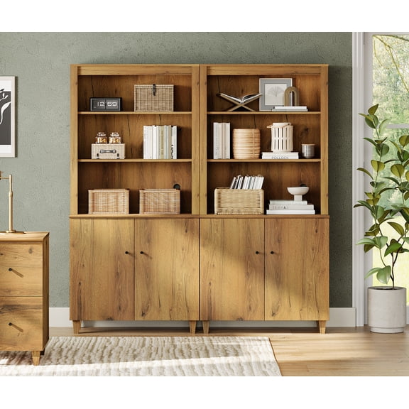 WAMPAT Modern 71" Tall Bookcase with Cabinets, 2 Column 5 Tiers, Oak Brown