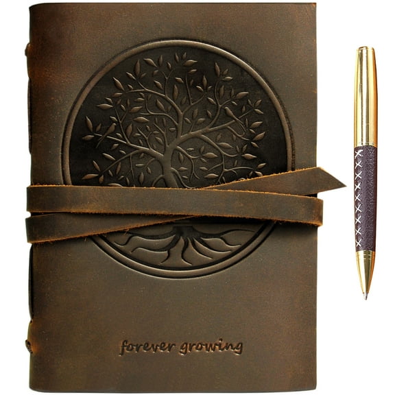 Leather Bound Journal for Men and Women, Handmade Gift Set with Tree of Life Embossed Journal and Stylish Pen, Vintage and Classic, Notebook, Sketchbook, Planner and Diary (300 Pages) (8x6")