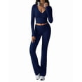 thumbnail image 3 of Conjunto Deportivo de 2 Piezas para Mujer, Camiseta de Larga, Pantalones Acampanados con Solapa, Chándal Informal, Azul Marino, Talla L, 3 of 7