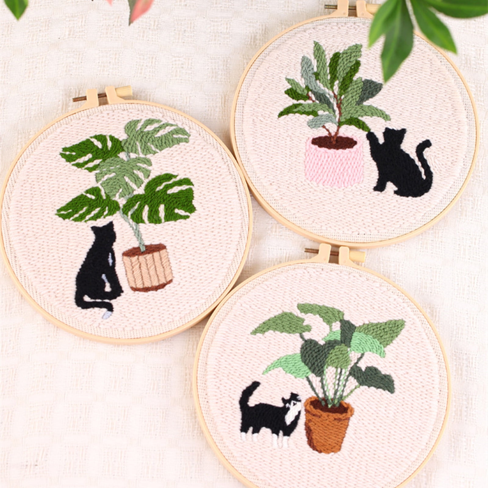 Historyli Go5H Punch Needle Kits For Beginners, Cute Cat And Green Plant Themed Punch Needle Embroidery Starter Kits With Punch Needle Fabric And Embroidery Hoops