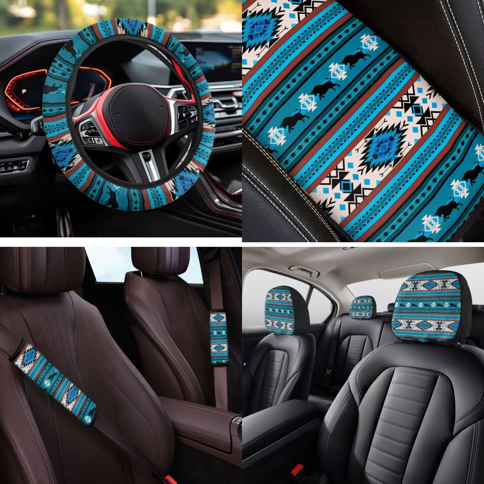 Uorisanigo Aztec Tribal 14 Pieces Auto Seat Covers Full Set with Cars Headrest Coverand Steering Wheel Cover Car Armrest Cover Cars Water Cup Coaster Keychain Elastic Anti-slip Fit for Car SUV