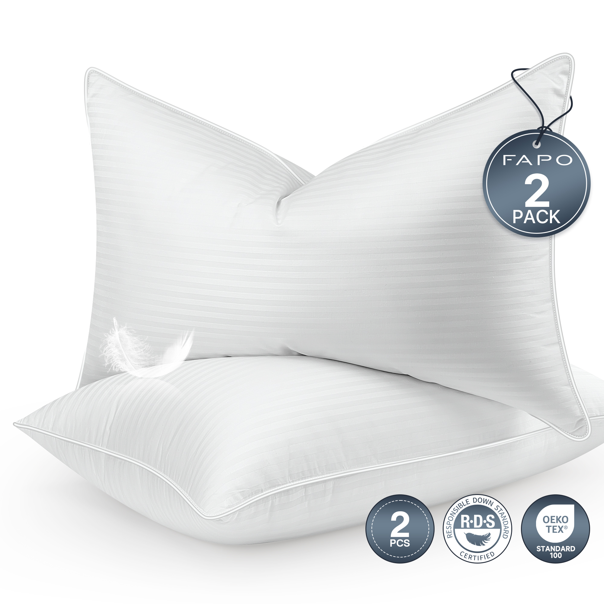 FAPO Goose Feather Pillows Queen Size Set of 2, Hotel Down Bed Pillow for Sleeping,Soft 600 TC Cotton Cover