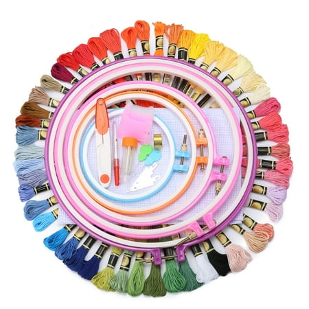 Grtxinshu 100Pcs/Set Full Range of Embroidery Starter Kit Cross Stitch Tool Kit Including 5Pcs Plastic Embroidery Hoop, 50 Colors Threads, 2Pcs Embroidered Cloth and and Needles