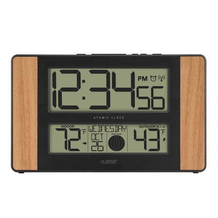 La Crosse Technology Atomic Digital Clock with Temperature and Moon Phase, Oak finish, 513-1417