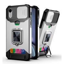 Allytech Slide Camera Protective Case for iPhone XR 6.1 inch 2018, Hard PC & Soft TPU Anti-Scratch Shockproof Ring Holder Kickstand [Support Magnetic Car Mount][1 Card Slot] Case and Cover, Silver