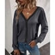 thumbnail image 3 of Cárdigan de mujer con escote en V, paneles de cuadros medios, hombros caídos y diseño de botonadura sencilla, gris oscuro M, ropa informal para el hogar y el aire libre, 3 of 6