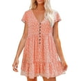 thumbnail image 1 of Prolriy Robes Printemps Été pour Femmes 2025 Robes d'Été à Manches Courtes à Fleurs Col en V Boutonnée Robes Courtes pour Femmes, Robes pour Femmes Orange L, 1 of 6