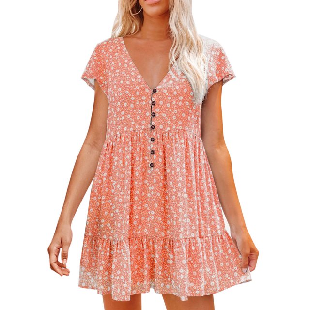 Prolriy Robes Printemps Été pour Femmes 2025 Robes d'Été à Manches Courtes à Fleurs Col en V Boutonnée Robes Courtes pour Femmes, Robes pour Femmes Orange L