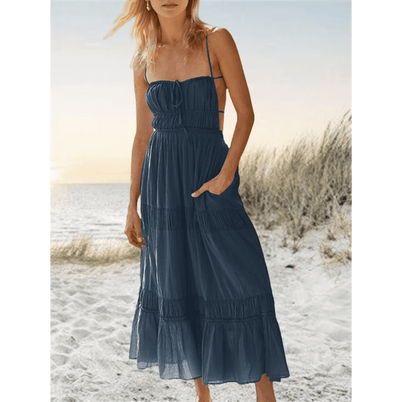 Navy Blue Backless Spaghetti Straps Self Tie Tiered Flowy Maxi Beach Dress With Pockets