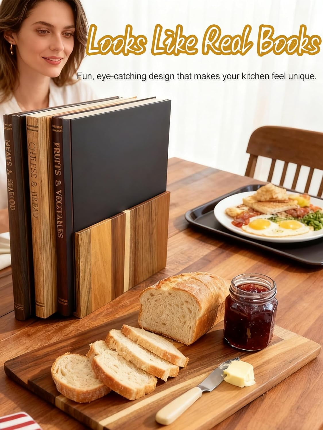 Book Cutting Board Set, Book Themed Cutting Board Set 100% Wood, Walnut Cutting Board Book Set with Stand For Kitchen, Cheese Bread Meat Vegetable Prep Serving Board