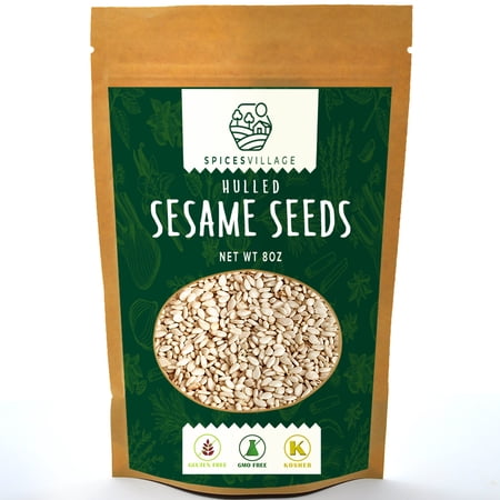 SPICES VILLAGE Sesame Seeds, Hulled (8 Oz) - White & Raw Sesame for Cooking and Baking, Sesame Tahini - KOSHER, Gluten-FREE, Non-GMO, KETO Friendly, Resealable Bulk Bag