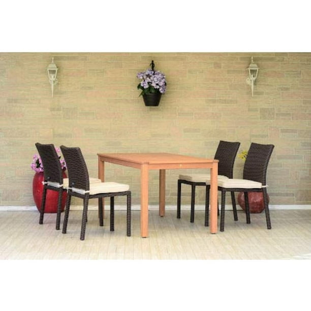 International Home Miami Ia Brooklyn 5 Piece Rectangular Eucalyptus Patio Dining Set Teak Finish And Grey Wicker Chairs Durable Ideal For Outdoors Com Grey Wicker Chairs Durable, Is Eucalyptus Outdoor Furniture Durable