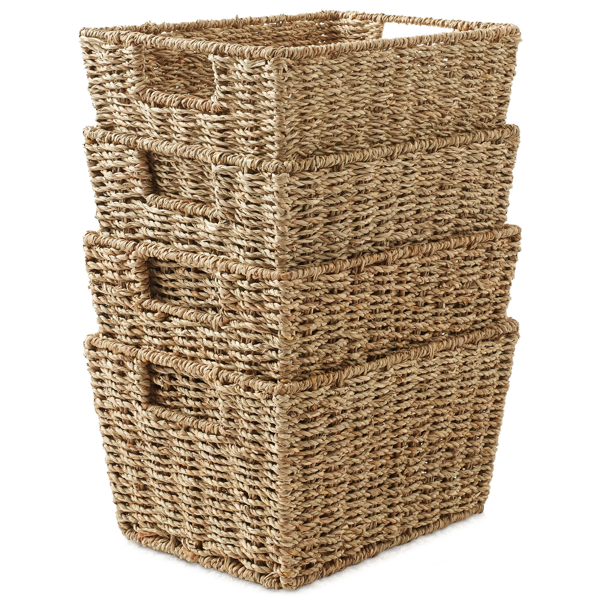 Casafield Set of 4 Seagrass Storage Baskets with Handles - Natural, 12" x 9" x 6" Rectangular Storage Shelf Bins, Blankets, Laundry