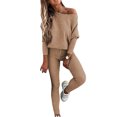 thumbnail image 1 of Opperiaya Women's 2 Pieces Ribbed Tracksuit Outfits Solid Color Off Shoulder Long Sleeve Tops Drawstring Long Pants Set, 1 of 3