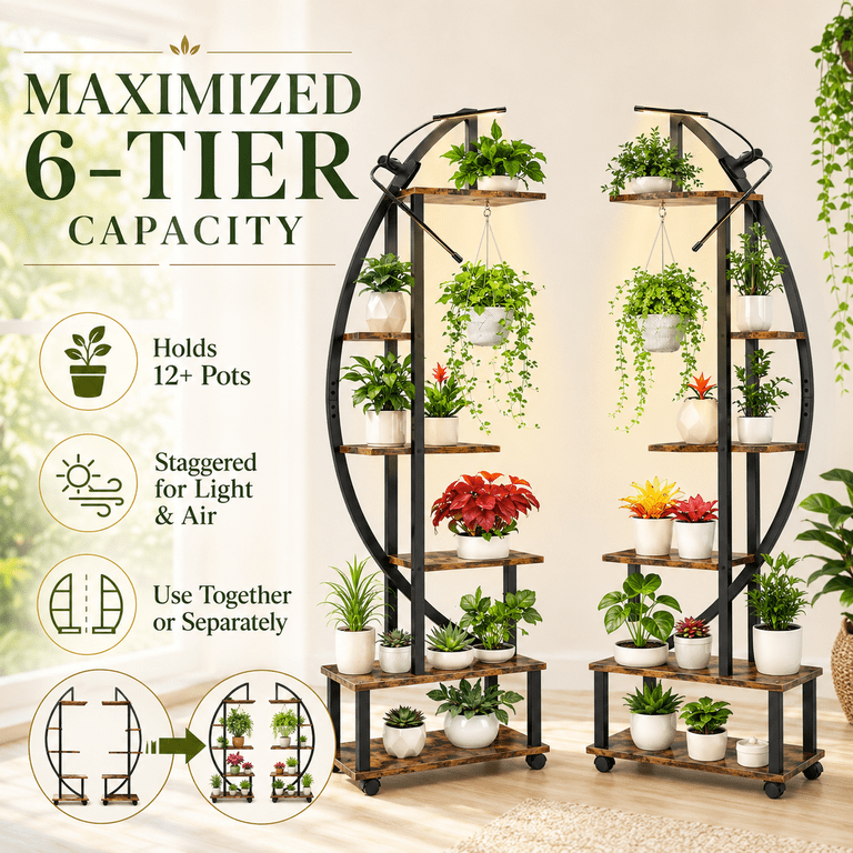 SERBASIC 2 Pcs 65" Tall Plant Stand Indoor with Grow Lights and Locking  Wheels, 6 Tier Plant Shelf Half Moon Curved Ladder Flower Pot Stand Large  ...