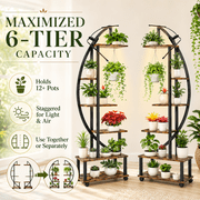 SERBASIC 2 Pcs 65 Tall Plant Stand Indoor with Grow Lights and Locking Wheels, 6 Tier Plant Shelf Half Moon Curved Ladder Flower Pot Stand Large Metal Plant Rack for Living Room, Storage & Display