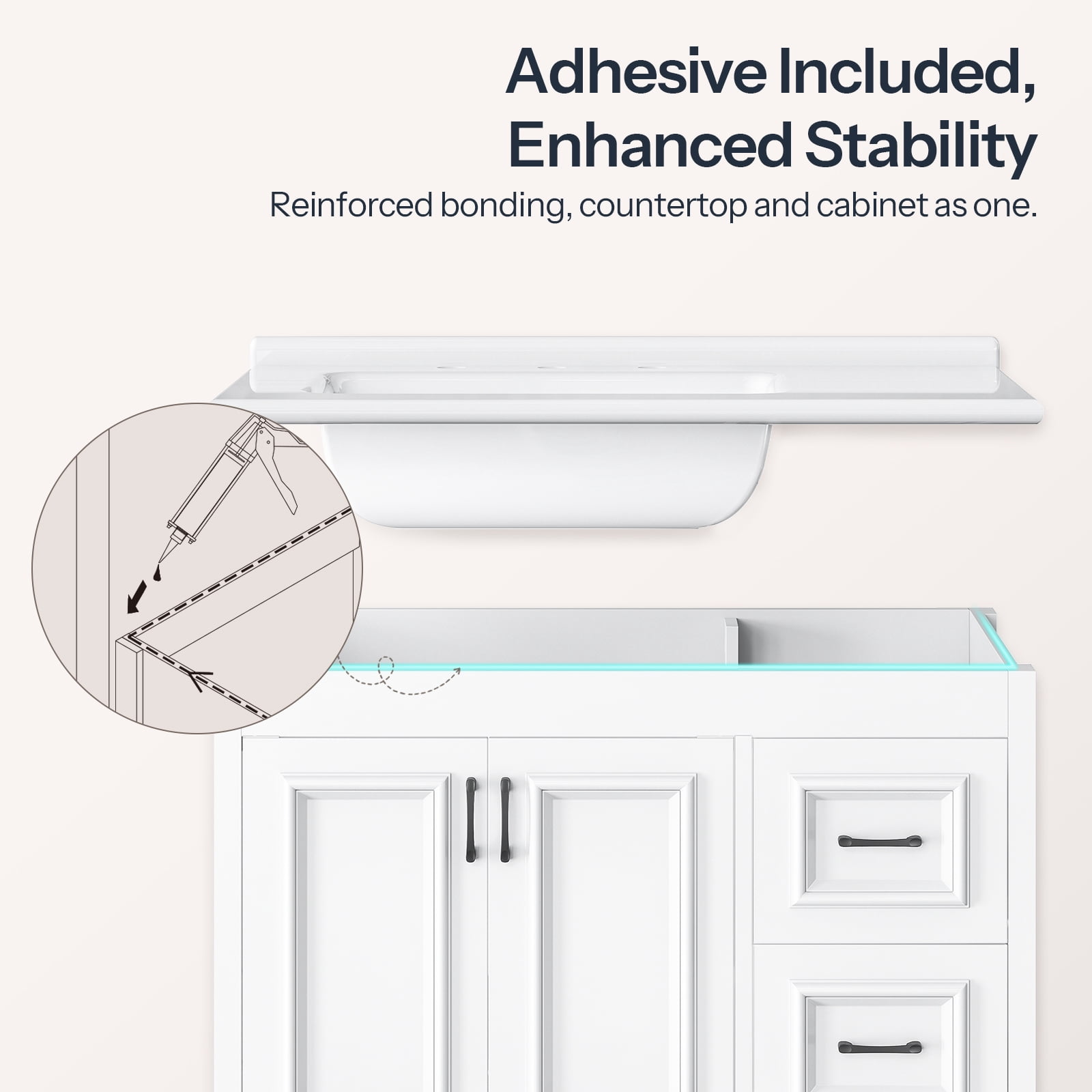 HOOBRO Bathroom Vanity with Sink, Modern Storage Cabinet with Ceramic Countertop, Drawers and Cabinet, Arc Bottom Design and Metal Glides, Drain Kit Not Included, for Bathroom, White WT02BV01