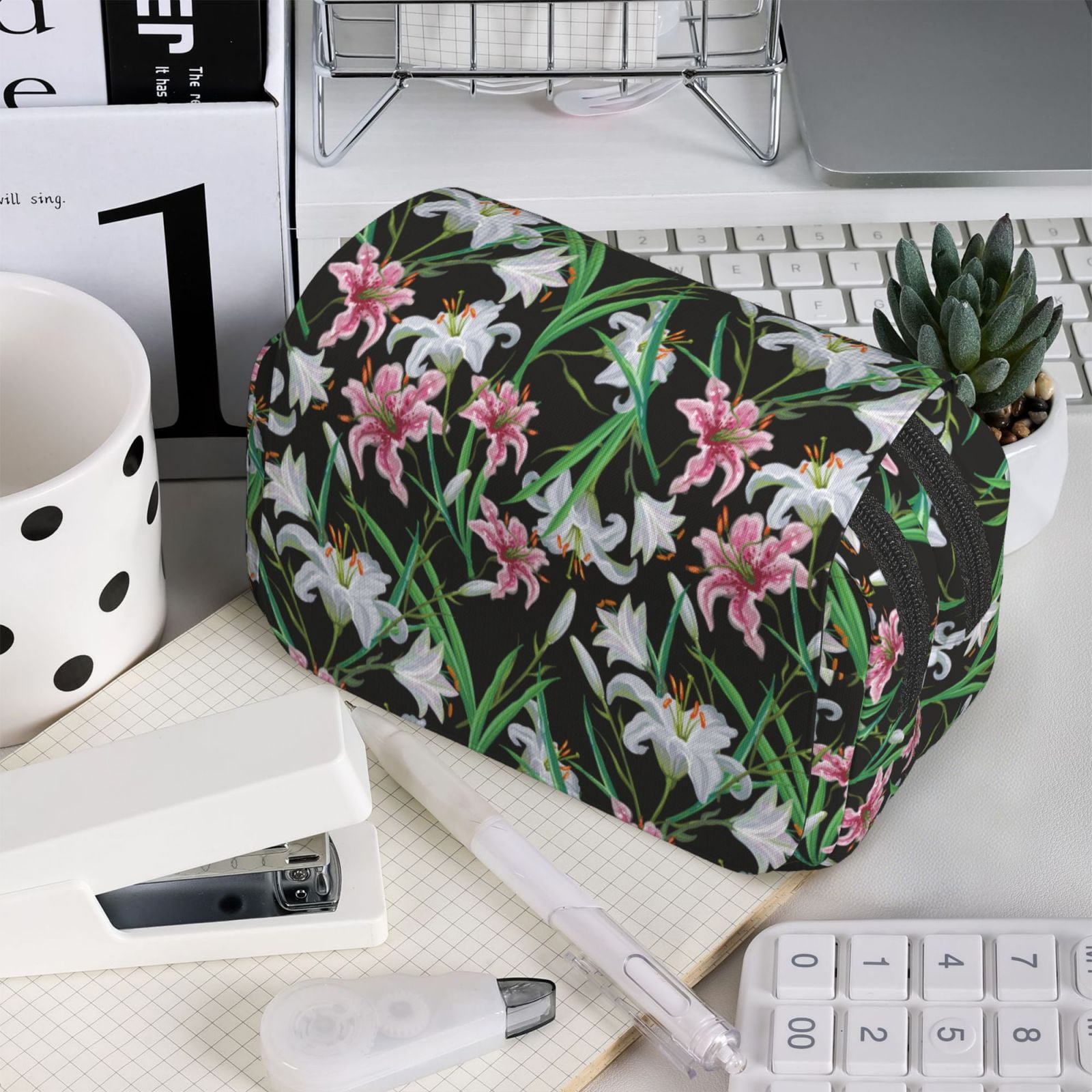 Rateoe Lilies Flowers Pattern Double Clamshell Pen Case, Storage Organizer with Two Zipper Compartments– Holds Up to 50 Pencils & Pens