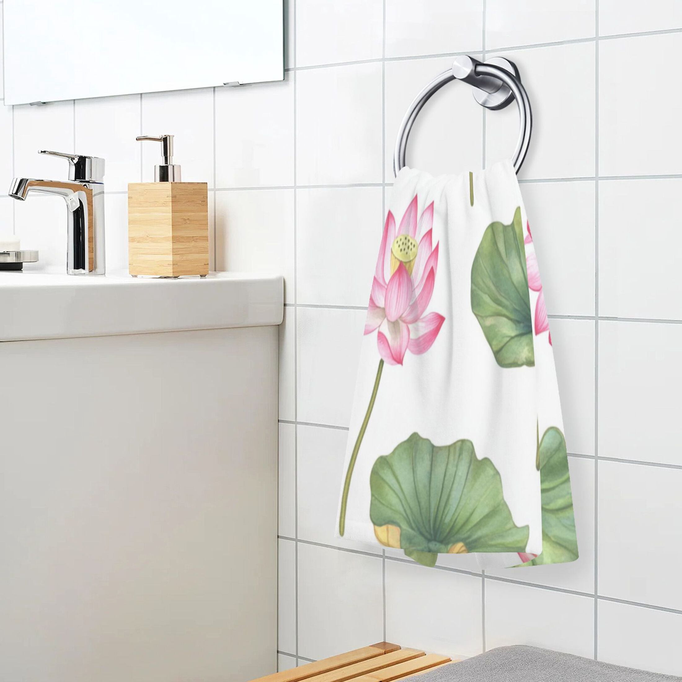 2 Pcs Absorbent Face Towel Bath Hand Towels Soft Breathable Cotton Towel Set for Bathroom Kitchen Hotel Spa Decor Pink Lotus Flowers