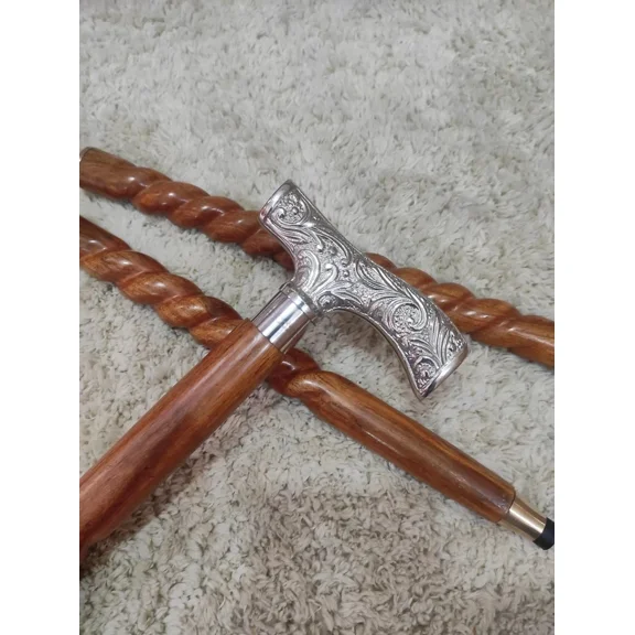 Global Antiques Brown Wooden Walking Stick Cane with Silver Handle – Designer Vintage Cane for Men & Women