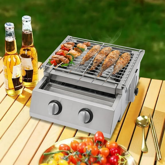 Propane Gas Grill 2 Burners Stainless Steel Grill Outdoor Barbeque Cooking BBQ For Camping, Picnics