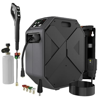 Wall Mounted Pressure Washer - 5000 PSI, 3.6 GPM Electric Power Washer with 100FT Retractable Hose, 5-Stage Adjustable Pressure, Foam Cannon & 5 Nozzles for Car, Lane, Patio Cleaning, Black