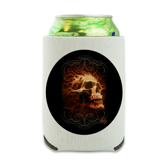 Flaming Fire Skull Design Can Cooler - Drink Sleeve Hugger Collapsible Insulator - Beverage Insulated Holder