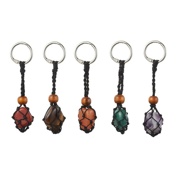 Natural Gemstone Keychain with Iron Findings Nuggets 9~10cm 5pcs/set