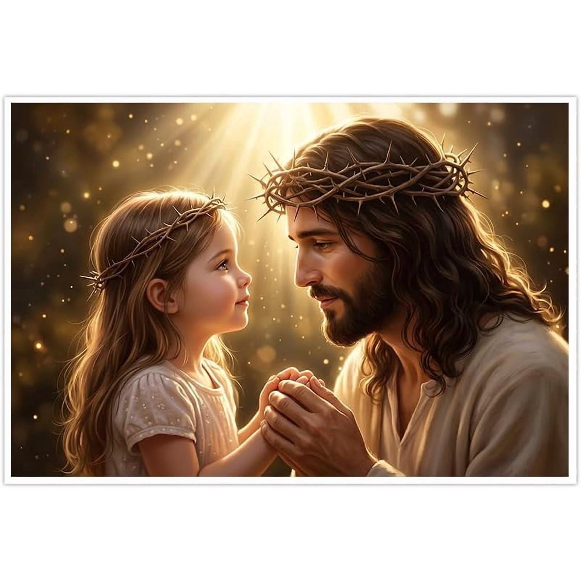 Jesus Christ and Little Girl with Crown of Thorns Canvas Wall Art Religious Christian Poster Spiritual Faith Inspirational Home Decor Artwork for Living Room Bedroom