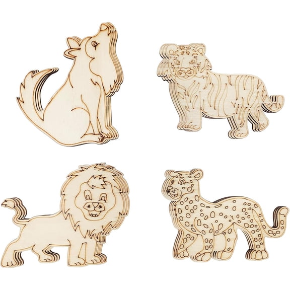 32 Pack Unfinished Wood Animal Cutouts Jungle Animal Crafts Wood Tiger, Lion, Wolf, Leopard Cutouts to Paint Wooden Animal Hanging Ornaments DIY Animal Craft Gift Tags for Home Party Decoration