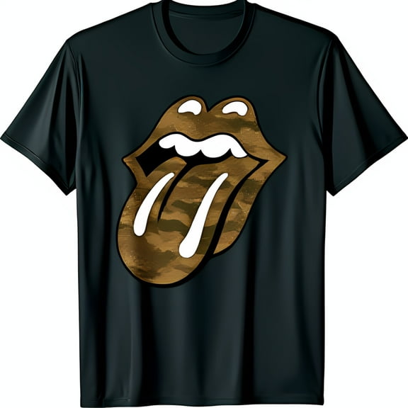 Stylish Black T-Shirt with Bold Tongue & Brown Lips Graphic