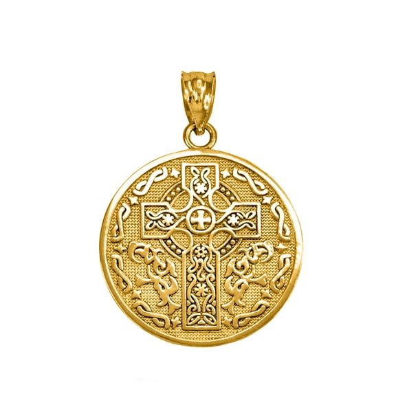 Solid Gold Celtic Cross Irish Blessing Textured Coin Medallion (10K Yellow Gold, Pendant)