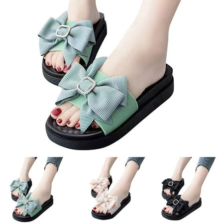 

Cathalem Women Slippers Beach Slippers Fashionable And Cute Bowknot Thick Soles Flat Comfortable Slippers for Women Black 7