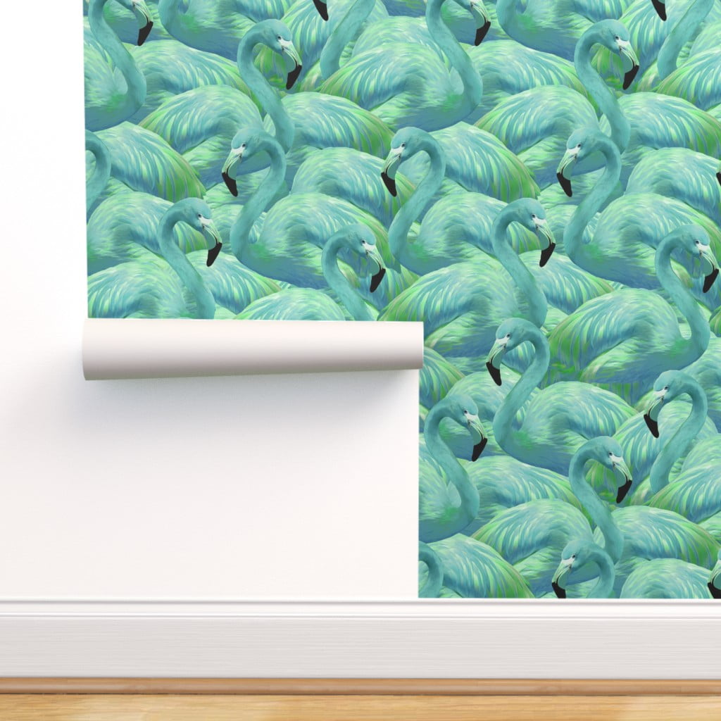 Peel & Stick Wallpaper 9ft x 2ft - Flamingo Blue Green Flamingos Watercolor  Aqua Turquoise Mint Birds Custom Removable Wallpaper by Spoonflower -  