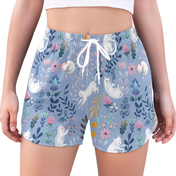 FORMRS Womens Swim Shorts Mesh Liner Quick Dry Casual Beach Board Bottom with Pockets, Sizes S-2XL, Floral White Cat Pattern
