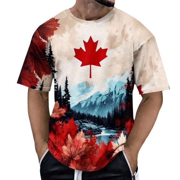 MDUKONU Men's Fashion Canada T-Shirt Short Sleeve Flag Print Patriotic Summer Top Beige S