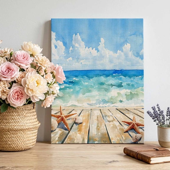 Summer Canvas Wall Art, Blue Beach Ocean Starfish Shell Linen Texture Pictures Wall Decor Wooden Framed Artwork Art Prints for Living Room Hallway Bedroom Office 8"x10"