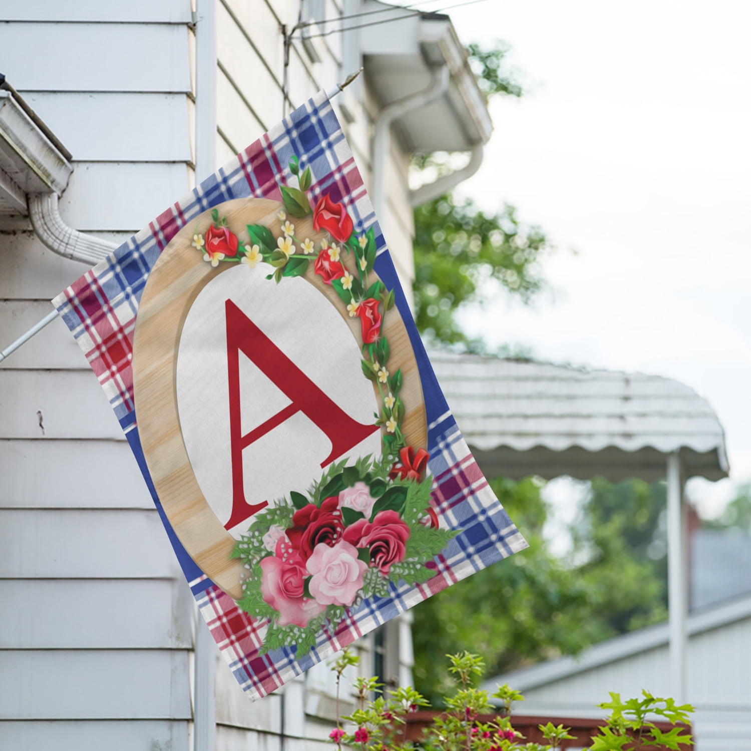 America Forever Monogram A House Flag, 28 x 40 inch Double Sided, Letter A with Roses, Floral Initial Flag, Plaid Background, Personalized Yard Decor