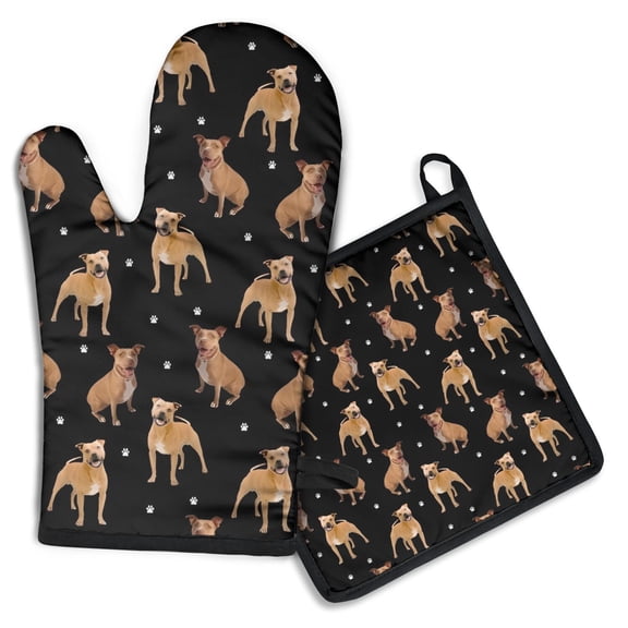 Pitbull Dog and Footprint Kitchen Oven Mitt and Pot Holder Sets 2 Pcs for Baking, Cooking and Grilling, Heat Resistant Up To 392 °F