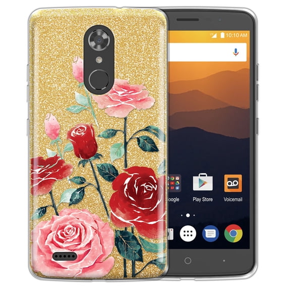 FINCIBO Gold Glitter Case, Sparkle Bling TPU Cover for ZTE Max XL N9560 (NOT FIT ZTE Max (5.7 inch)), Roses Flowers